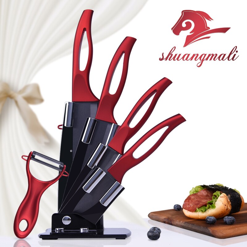 Juego de cuchillos de cerámica 6 "5" 4 "3" pulgadas Color rojo mango pelador de frutas y vegetales cuchillos cocina zirconia cuchillo cerámico negro