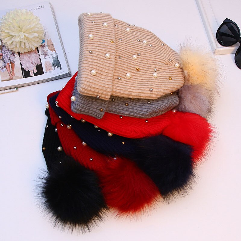 Kvinder vinter hat pompon bolde cap perler rhinestones strikket uld beanie afslappet udendørs varme kvindelige skullies hatte