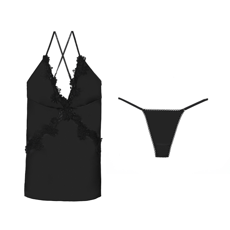 Meet'r satijnen nachtkleding voor dames, sexy nachtjurk met borduurwerk, open rug, v-hals pyjama met string, nachthemd met bandjes, nachtkleding voor thuis.: M / Zwart