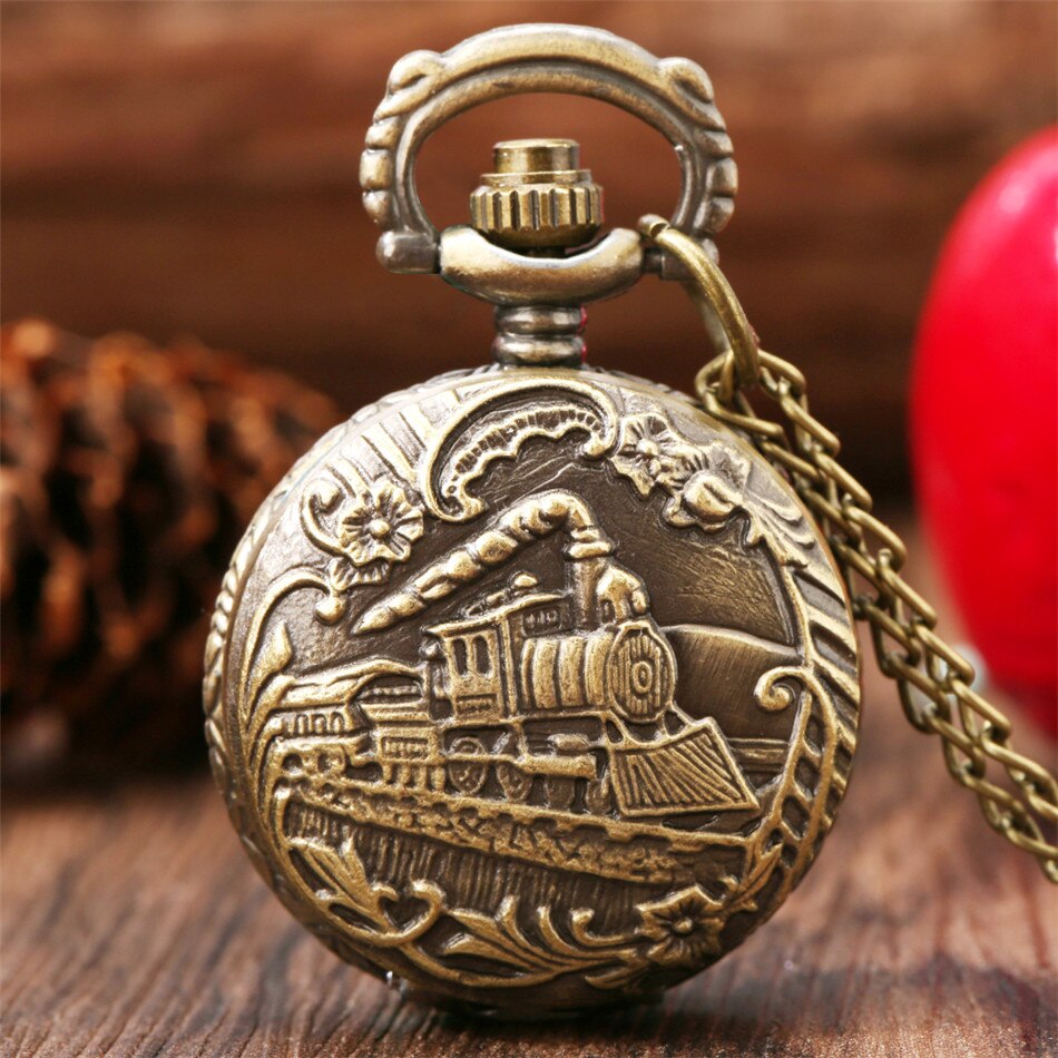 Small Dial Vintage Train Locomotive Pattern Quartz Necklace Pendant Pocket Watch Training Watch