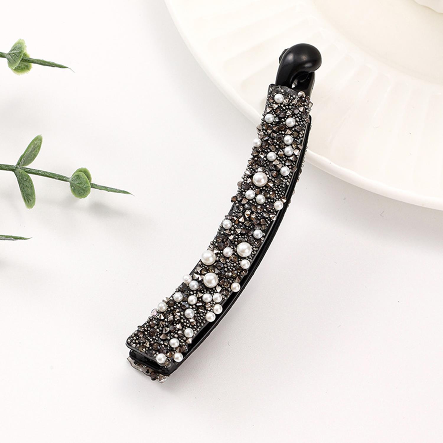 Clip de pelo de plátano con diamantes de imitación completos para mujer, soporte acrílico fuerte, horquilla de perla, pasadores, tocado de ,: YELLOW