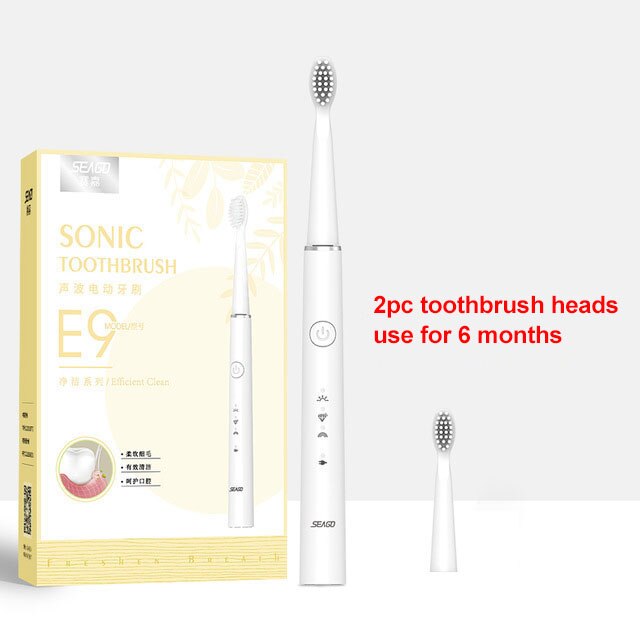Seago Electric Toothbrush USB Rechargeable Sonic Tooth Brush for Female and Girl with 3 soft Brush heads box: White with 2pc heads