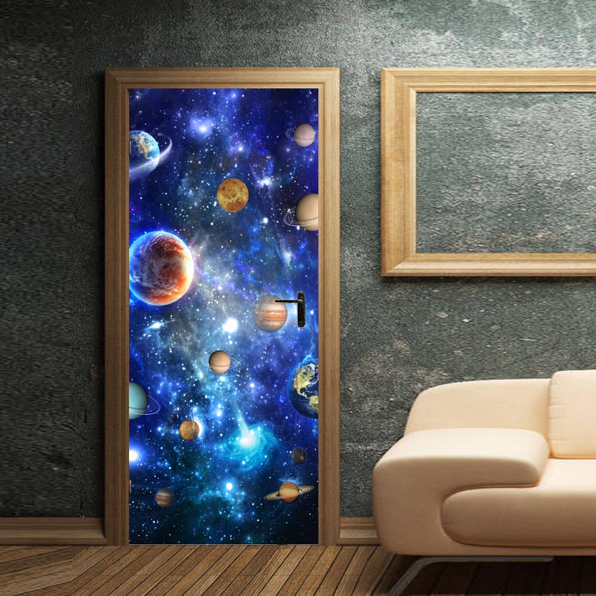 3D Universe Galaxy Planets Stars Print Door Sticker DIY Wallpaper Corridor Mural Wall Decal Kids' Bedroom Decor Best