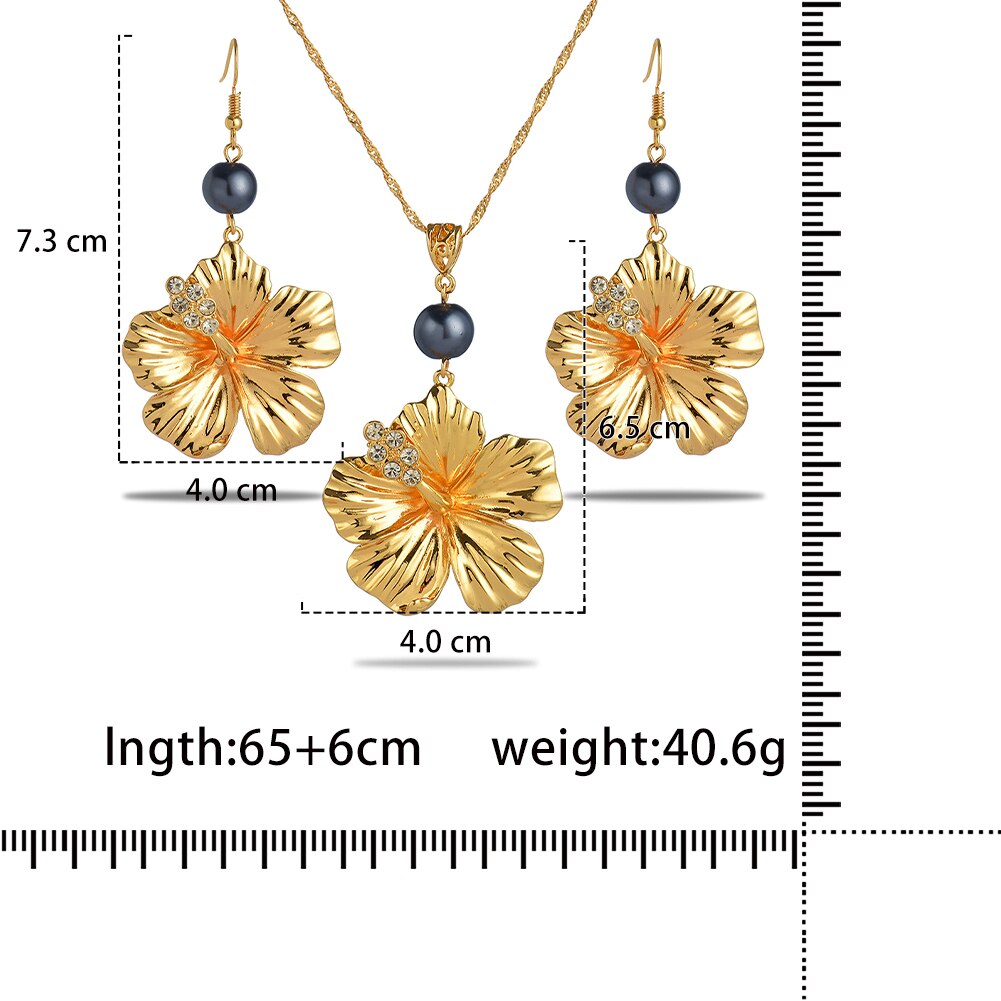 Cring Coco Mode Hibiscus Bloemen Sieraden Set Vrouwen Hawaiian Polynesische Vergulde Ketting Oorbellen Set: ZH0235GOGR