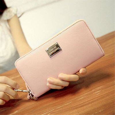 femmes en cuir portefeuille dame carte porte-monnaie longue sac à main pochette sac à glissière: Rose