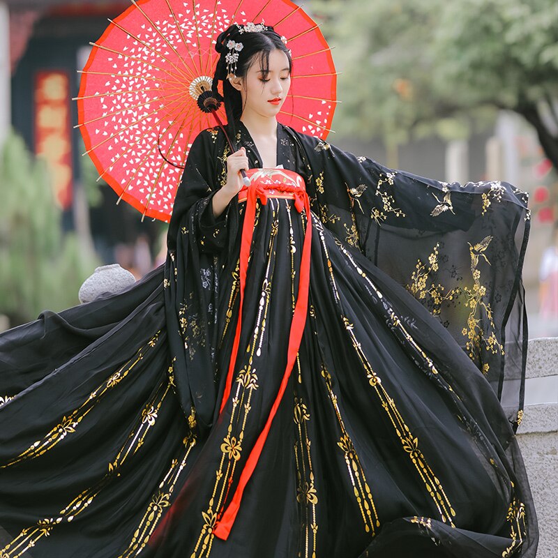 Mujeres negro Hanfu tradicional chino ropa Festival traje bordado estilo antiguo popular puesta en escena trajes de baile DN5500