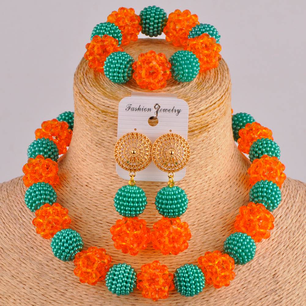 Royal Blue and Yelow African Beads Jewelry Set: Army Green Orange