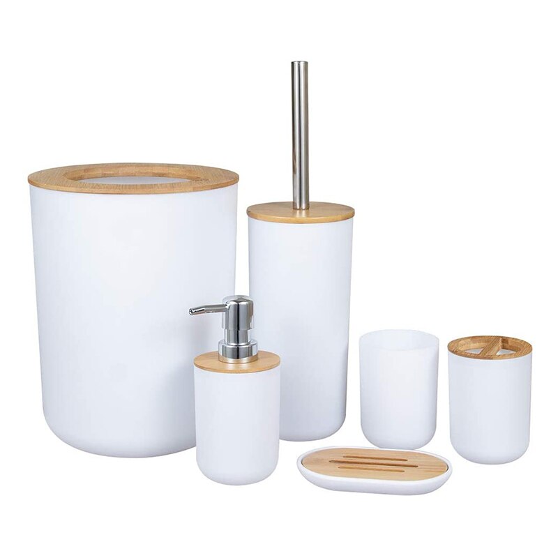 Bamboe Badkamer Accessoires Set Plastic Badkamer Kit Zeep Dispenser, Tandenborstel Beker, Zeepbakje, Toiletborstel Houder, prullenbak: White 6pcs C