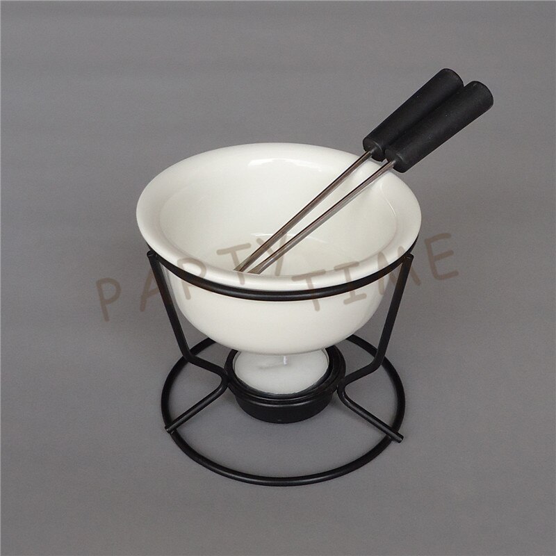 Keramisk vit chokladsmältpanna med metallställ för diy fondue