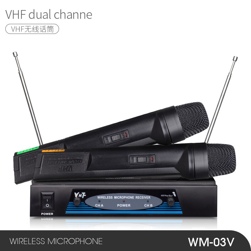 WM-03V VHF WIreless Microphone Systerm with 2 Handheld Mics Dual Channel Anti-interference for Church, Wedding, Meeting