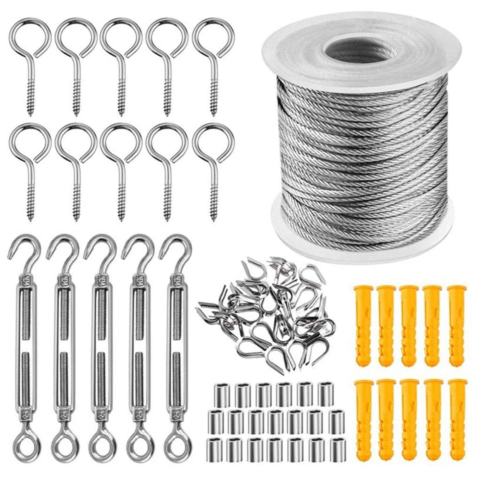 Câble flexible en Acier enduit pour Corde à Linge, accessoire souple, Bobine de 30 m en inox et recouverte de PVC Transparent, Diamètre 2 mm, en Kit, Set de 57 Pièces