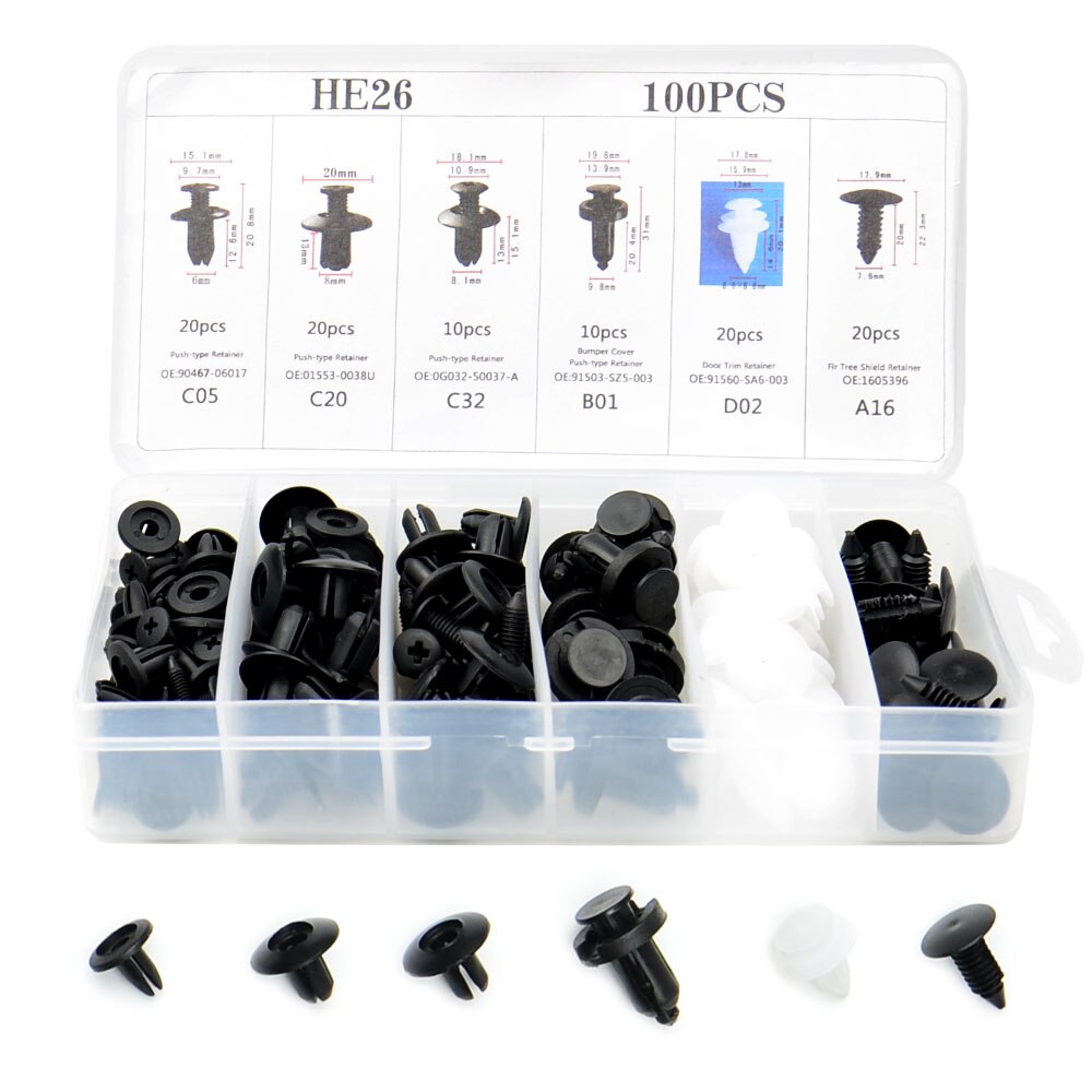 100 Stks/set Auto Zwart Gemengde Plastic Fastener Schroef Klinknagels Clips Kit Voor Auto Bumper Fender Versieringen Fastener Schroef Klinknagels Clip