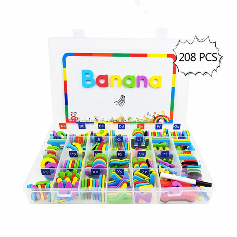 208 stk magnetiske bogstaver store bogstaver alfabetmagneter til køleskab køleskab pædagogisk legetøjssæt: Flerfarvet