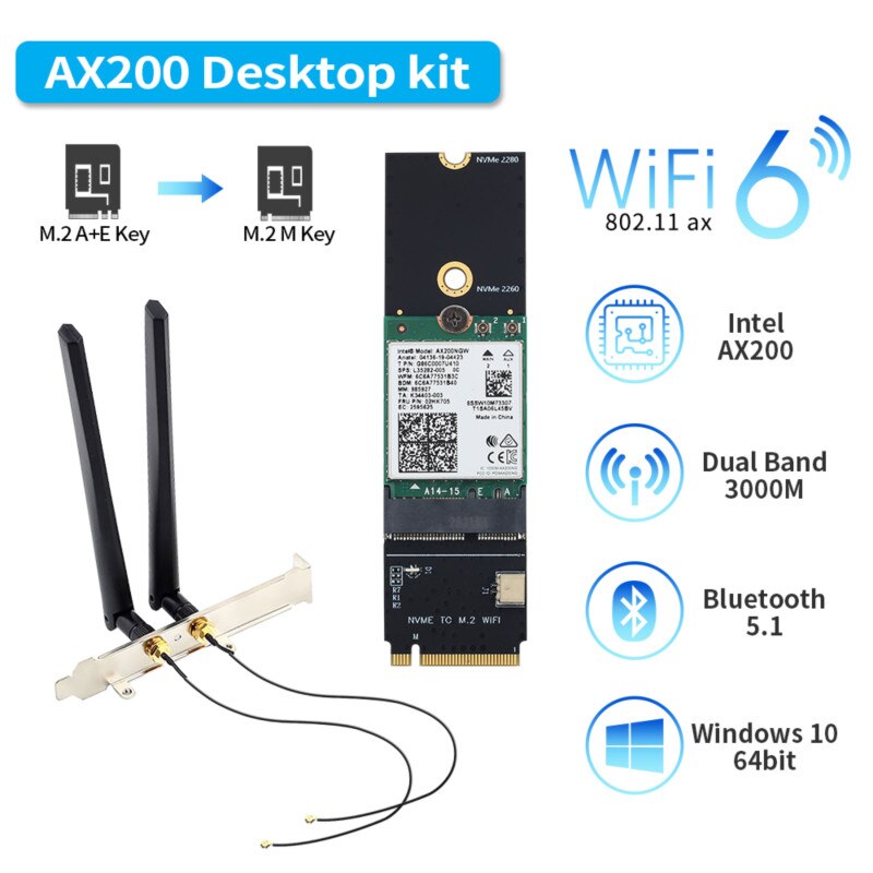 3000Mbps Wifi 6 Wireless Card Bluetooth 5.1 M.2 Key M Adapter Riser Card 802.11ax For Intel AX200 AX200NGW Wireless Network Card: External Antenna