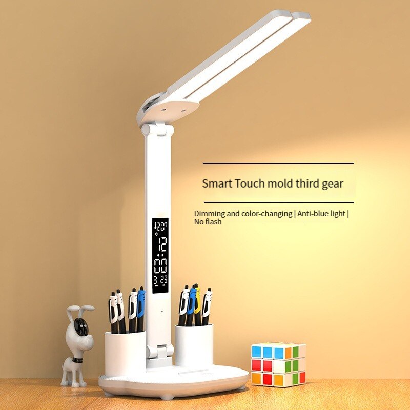 LED Relógio Desk Lamp, USB recarregável, Plug-In, Dimmable Desk Lamp, 180 Rotatable, dobrável proteção para os olhos, Leitura Night Light, 2 cabeças