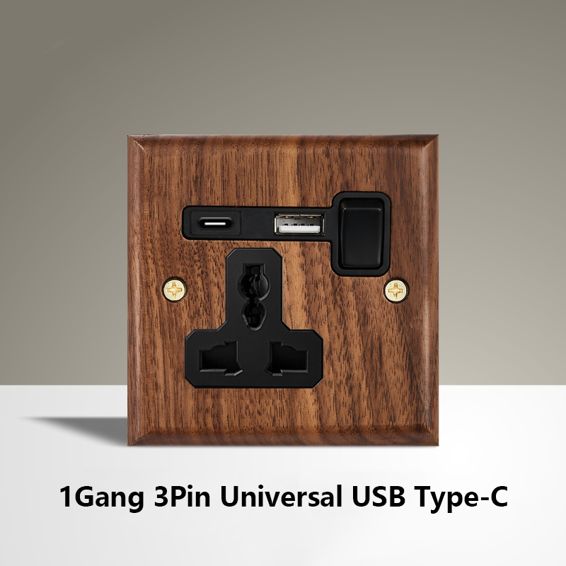 Black Walnut Wood Toggle Light Switch,Home retro Brass Panel,FR UK Universal Double USB Wall Electrical Socket Vintage Switch