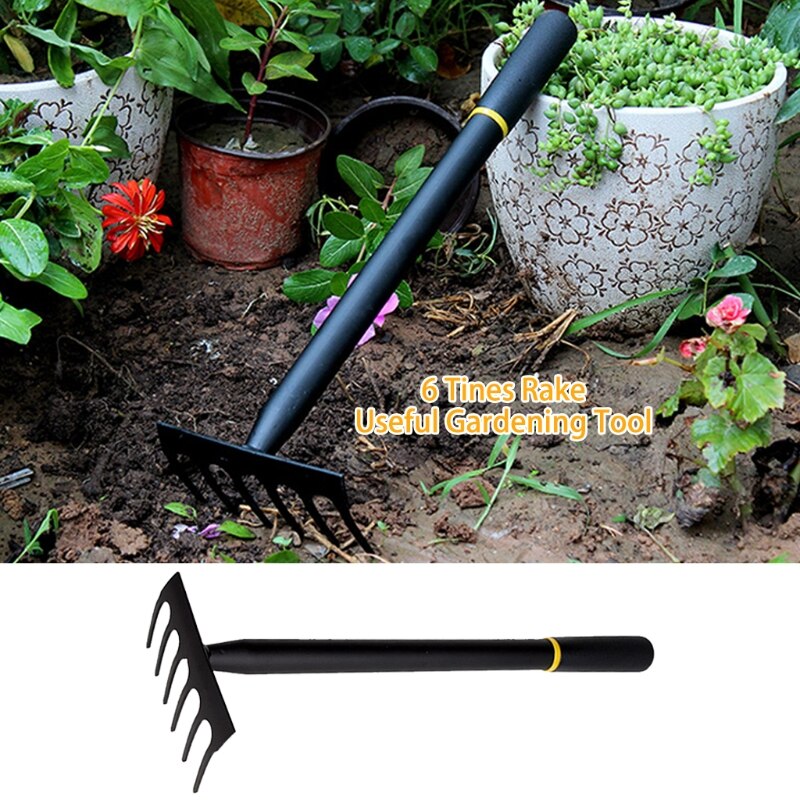 Tuin Hand Hark-6 Tanden Metalen Tuin Cultivator Hark Kleine Helmstok Gereedschap Met Hoge Carbon Staal Heads Voor Planten