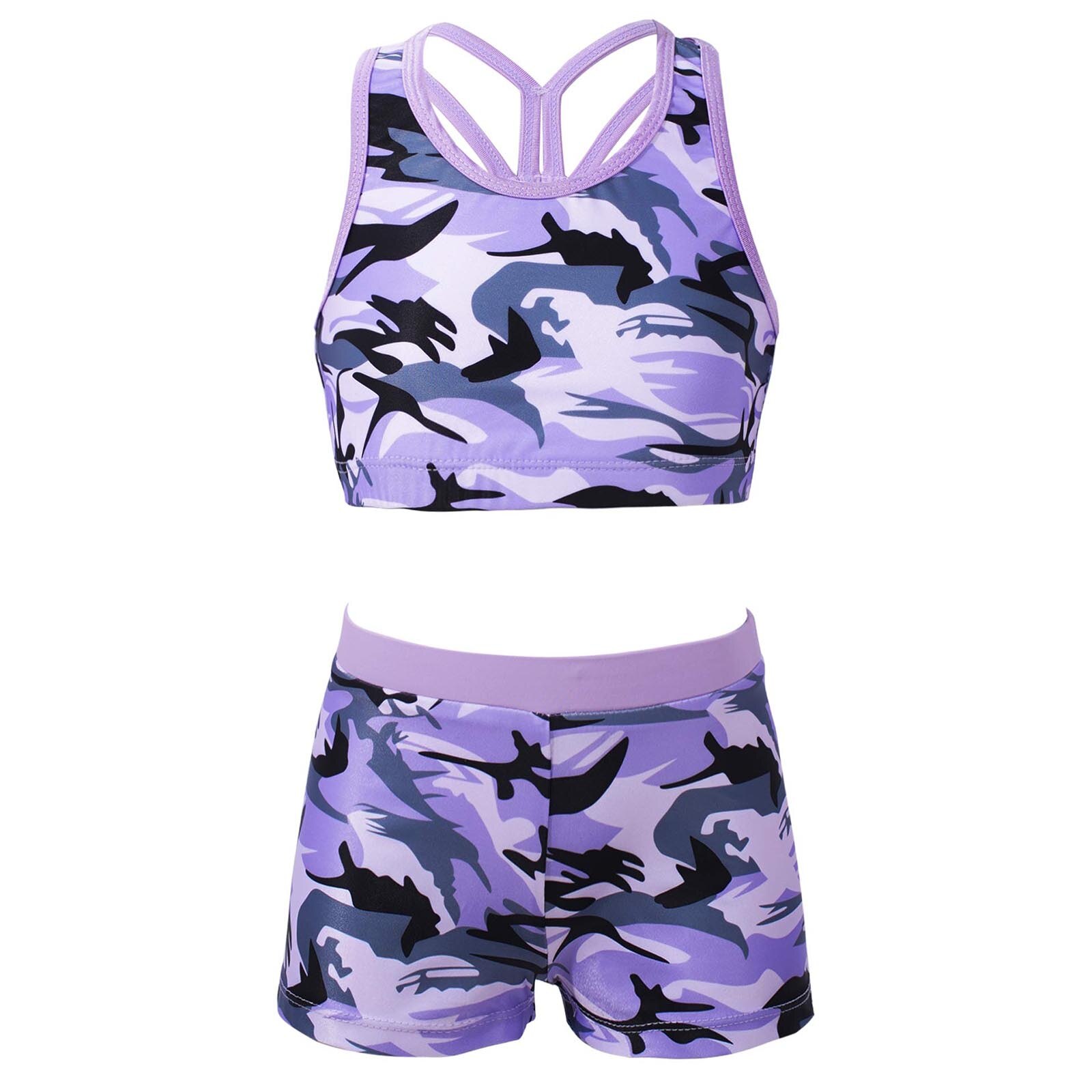 Meninas duas peças impresso maiôs de banho tanque + shorts crianças fatos de treino ballet ginásio roupas de verão das crianças fatos de banho: 8 / Camouflage Purple