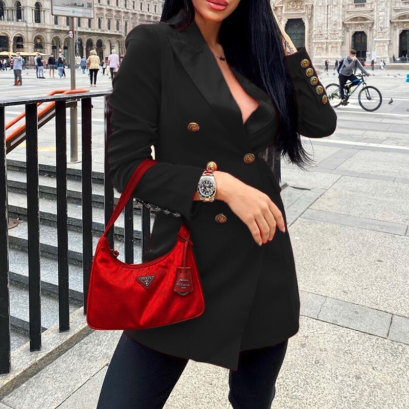 Gabardina de doble botonadura ajustada para mujer, traje de , conjunto con americana chaqueta de mujer para oficina, Blazer blanco para mujer: Black / L
