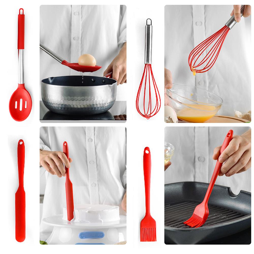 Práctico pala de fugas, cuchara roja de alimentaria, cuchara batidora de huevos, juego de utensilios de cocina negro 14 uds, utensilios de cocina de alta resistencia a la temperatura