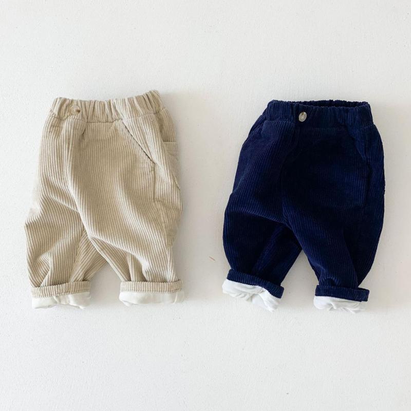 Kinderen casual elastische taille pure katoenen corduroy broek baby effen kleur plus fluwelen broek jongens en meisjes winter warme broek