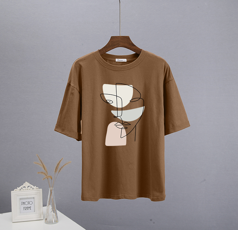 Hirsionsan abstrakt print t-shirt til kvinder sommer oversized 100%  bomuld t-shirts afslappet løs æstetisk t-shirt o-hals toppe: M / Chokolade