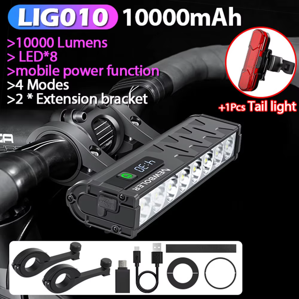 NEWBOLER Fahrrad Licht Vorne 10000 Lumen Fahrrad Licht 10000 mAh Wasserdichte Taschenlampe USB Ladung MTB Rennrad Lampe Zubehör: Schwarz