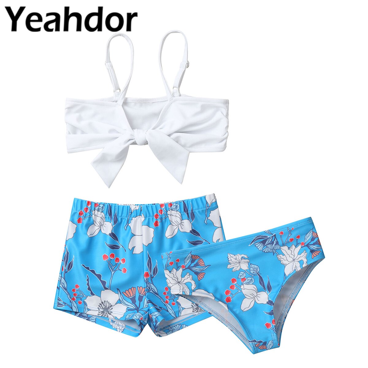 3Pcs Kids Girls Summer Swimwear Adjustable Straps Top and Floral Print Boyshorts Briefs Set Beach Bikini Swimming Bathing Suits