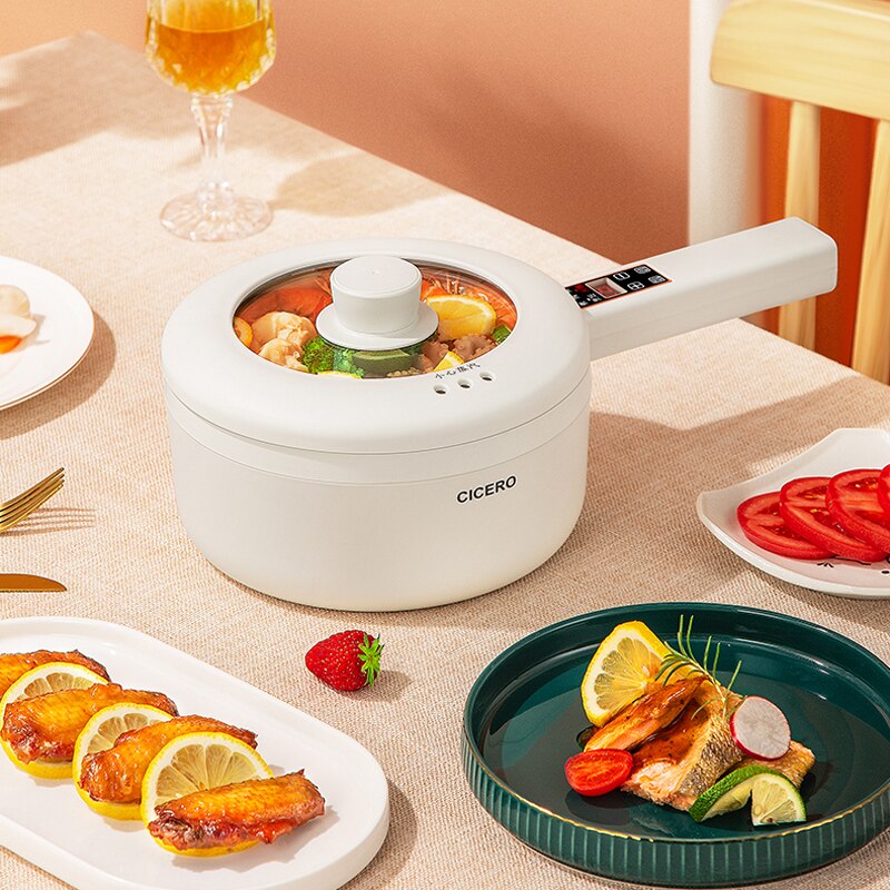700W Electric Cooking Pot Portable Pot Rice Cooker Multicooker Ceramic Liner Smart Electric Skillet Single/Double Layer 1.6L