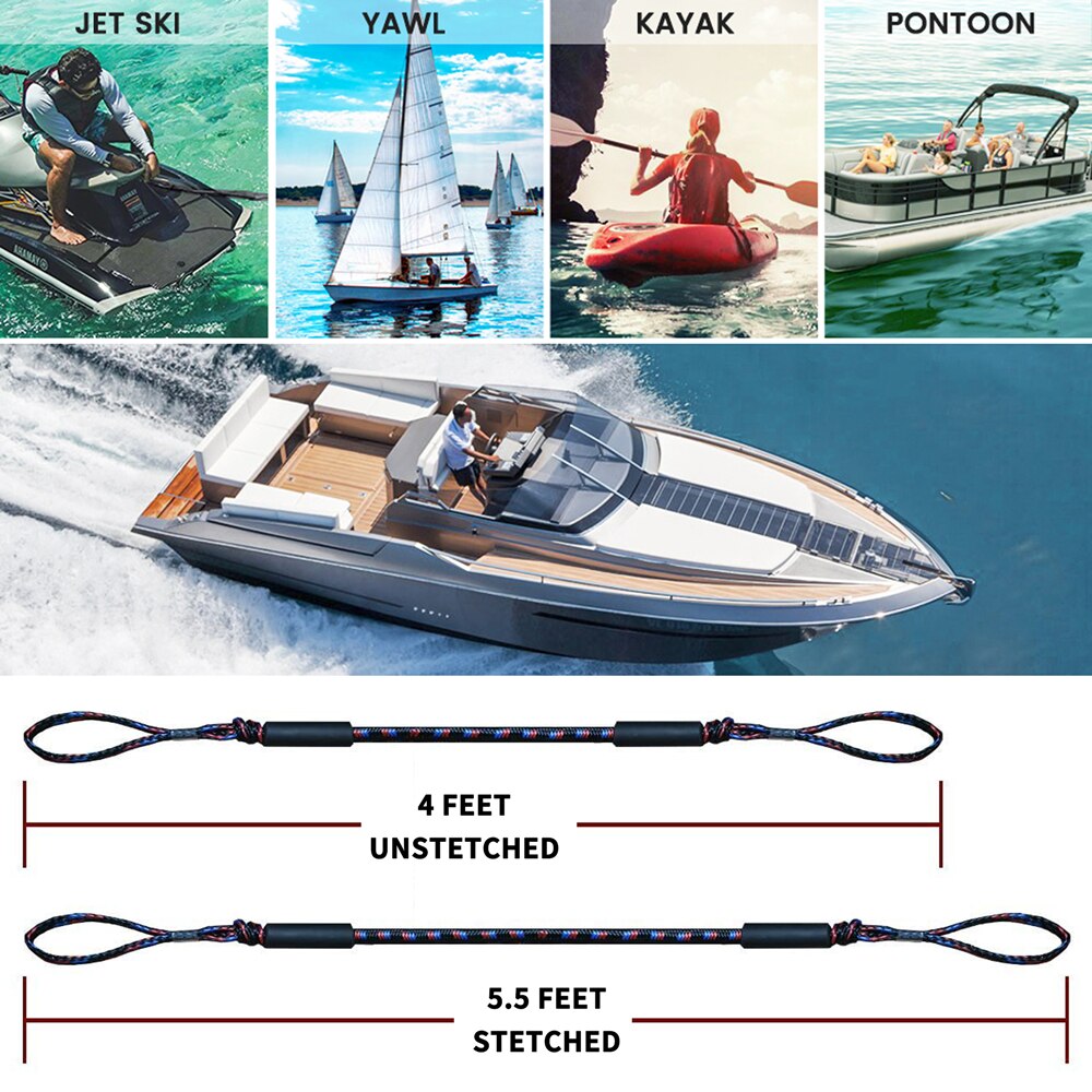 1 / 2Pcs Set Bungee Dock Line Mooring Rope for Boat 4 ft 2 Ropes Rope Bungee Cord Dockline Boats Kayak Accessories