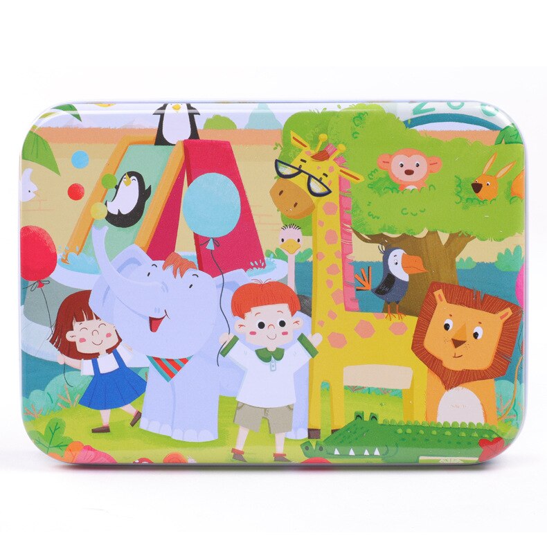 120 Stuks Houten Puzzel Cartoon Speelgoed 3D Hout Puzzel Met Ijzeren Doos Pakket Puzzel Kind Verbeteren Logisch Denkvermogen speelgoed