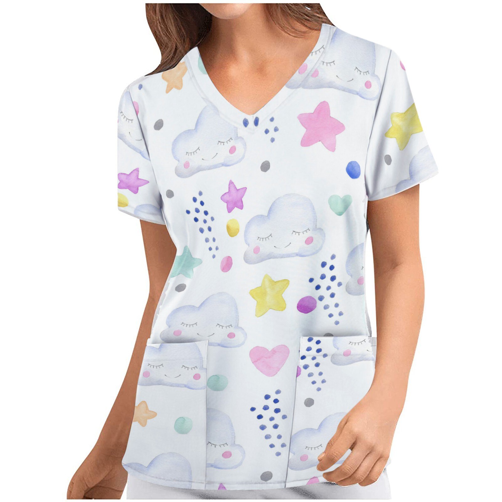 #E05 Female Nurse Uniform Short-sleeved V-neck Tops T Shirt Women Scrubs Uniforms Pocket Nursing Scrubs Tops Медицинская Одежда: MULTI / S