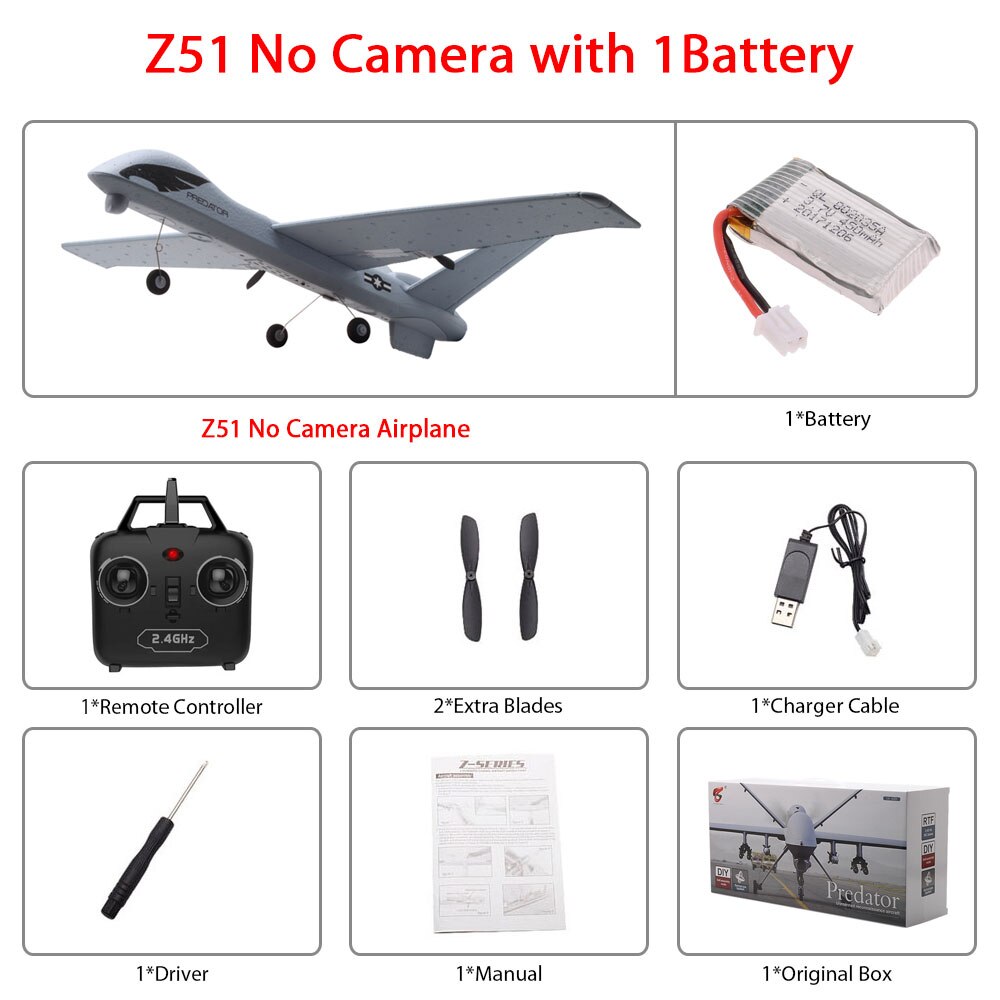RC Airplane Plane Z51 with 2MP HD Camera or No Camera 20 Minutes Fligt Time Gliders With LED Hand Throwing Wingspan Foam Plane: Z51 1B color box