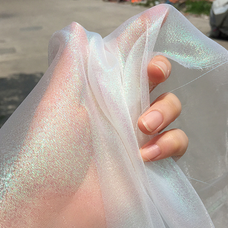 Sparkle Shiny Fabric, Magic Iridescent Organza, Holographic Translucent Cloth: L / WHITE