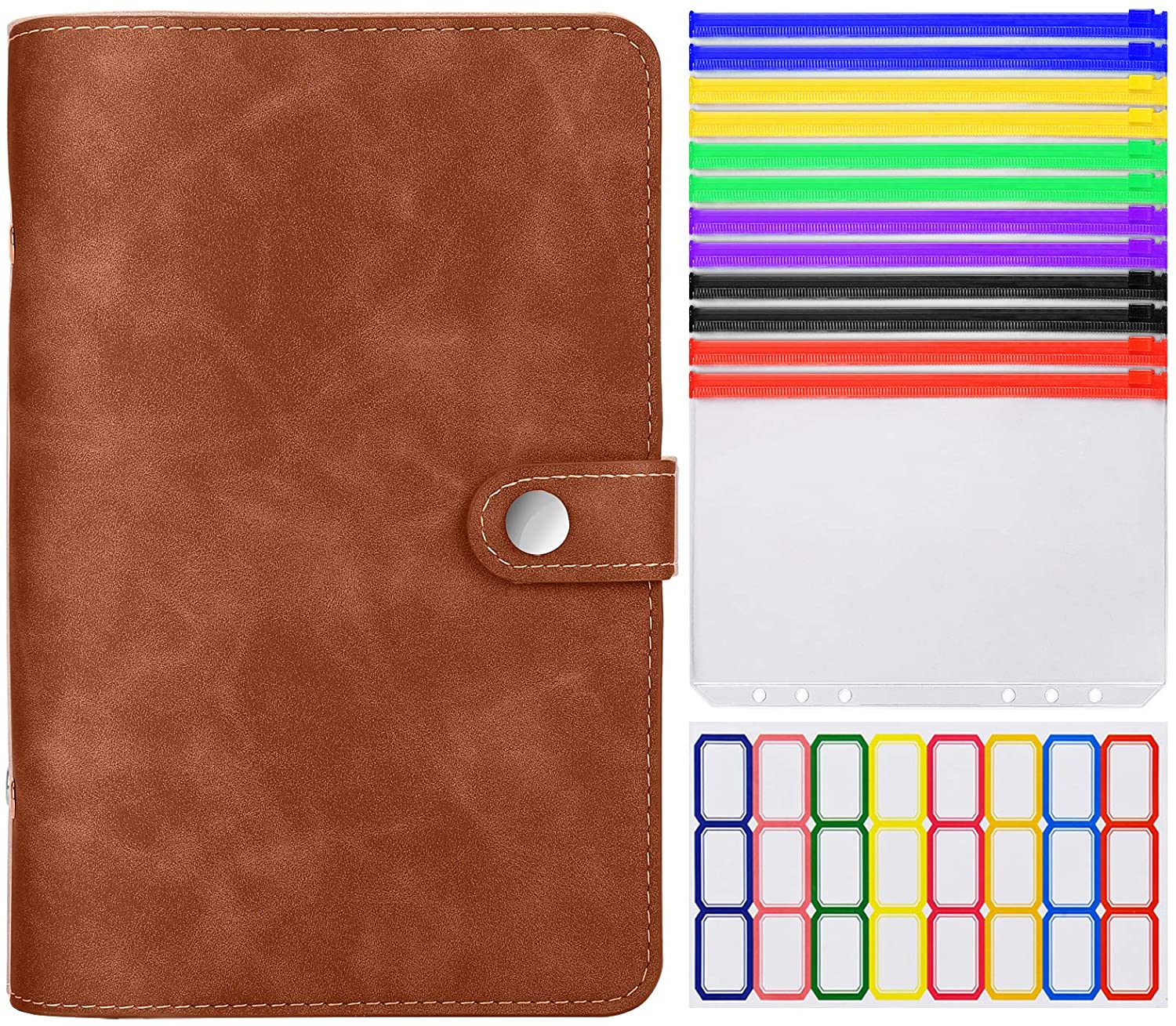 A6 Lederen Bindmiddel Cover Met Plastic Zakken 6 Ring Soft Navulbare Notebook Bindmiddel 12 Gekleurde Clear Rits Envelop Voor Budget: brown