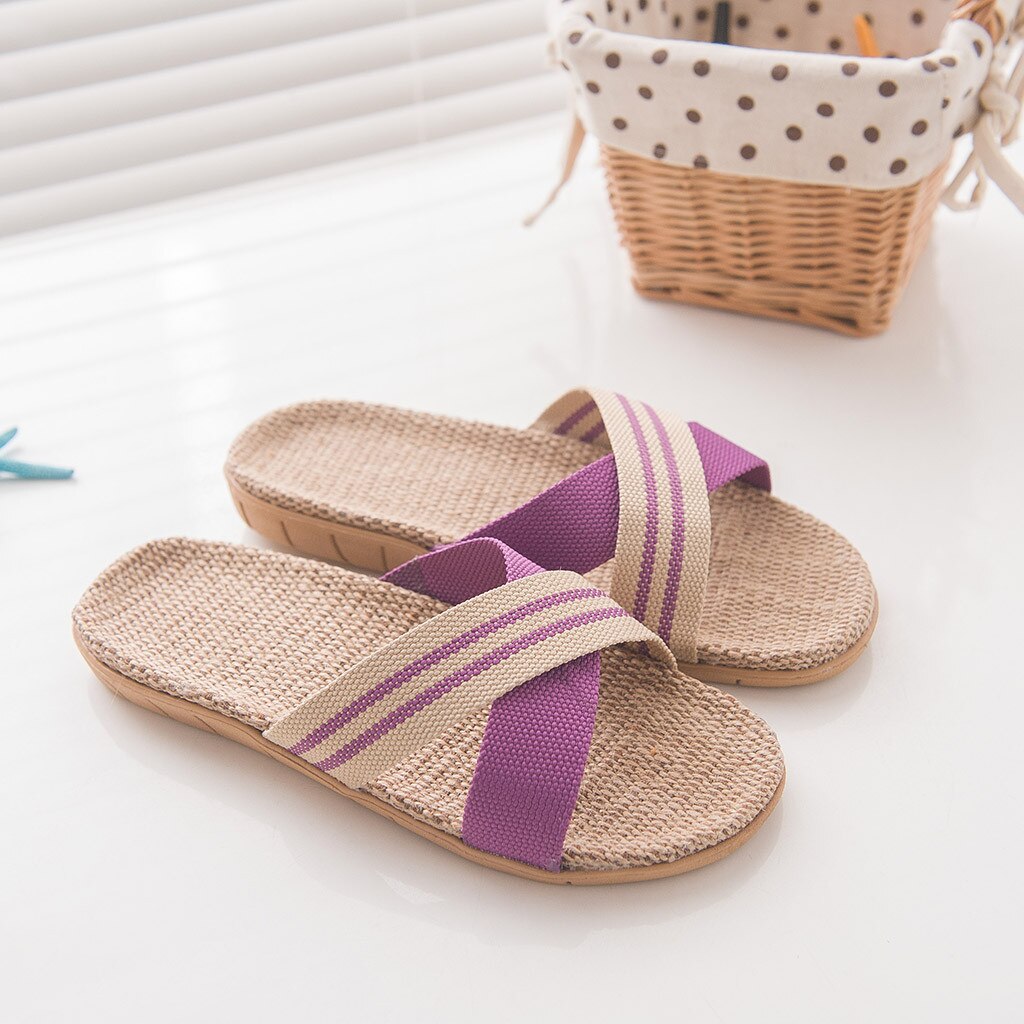 Chaussons pour femmes antidérapants lin maison intérieur bout ouvert chaussures plates pantoufles de plage chancletas verano mujer онееесесенаа# l30
