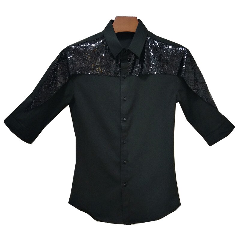 Paljett smoking skjortor män casual slim fit långärmad herr klänning skjortor nattklubb fest bal streetwear kläder social skjorta