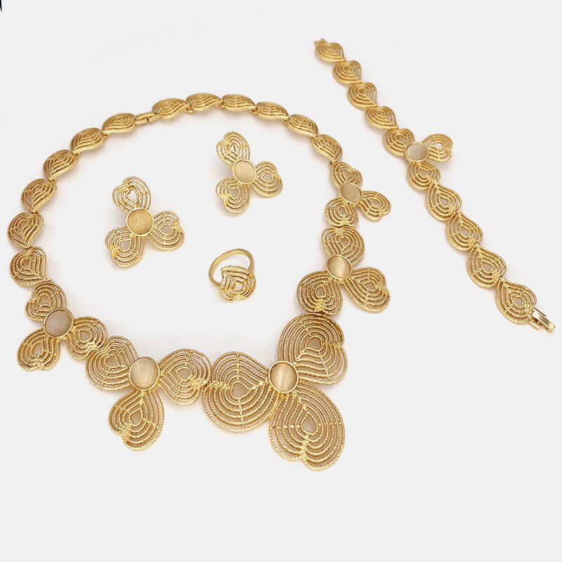 Afrikaanse Dames Goud Kleur Sieraden Set Elegance Opal Ketting Armband Oorbellen Geschikt Voor Diner En Bruiloft Dragen