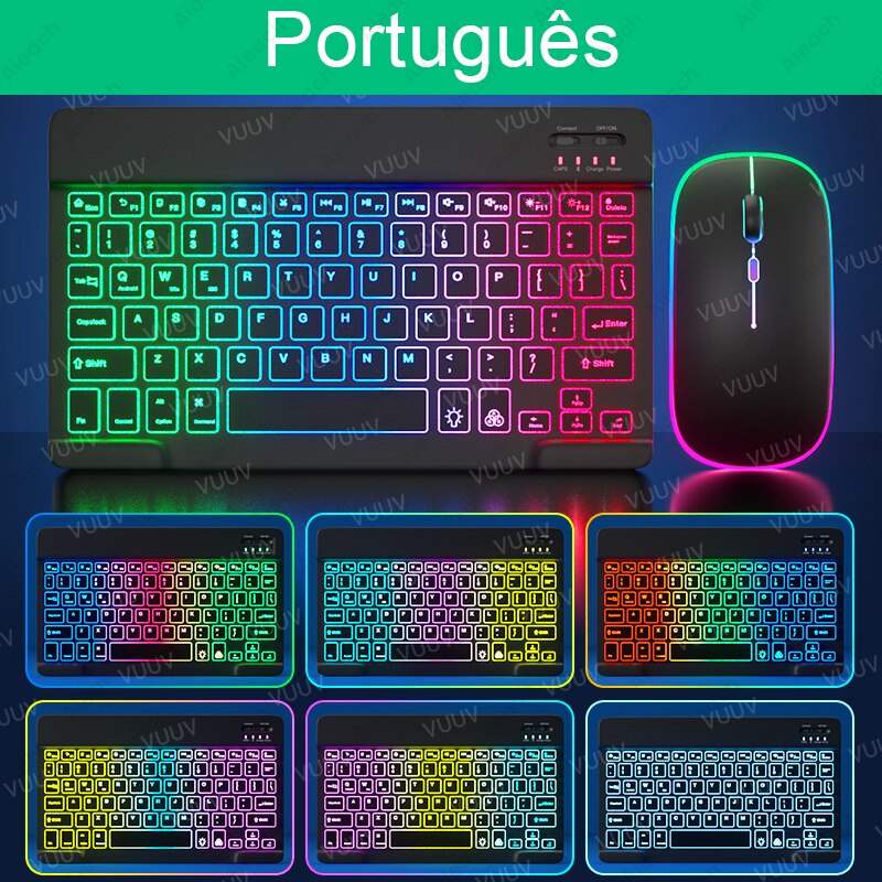 Bluetooth-compatible iPad Keyboard Mouse For iPad Pro 11 12.9 Air 4 7th 8th Rainbow Backlit Wireless Tablet Keyboard For Android: Portuguese Black