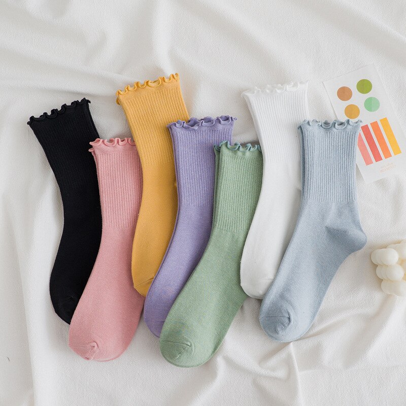 Calcetines con volantes de princesa para mujer, calcetín, colores sólidos, para la universidad, dulces, 5 pares