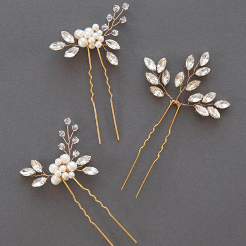 3 Stks/set Bridal Bloemen Haarspelden Crystal Bead Bloem Haarspeld Hairclip Vrouwen Hoofdtooi Haaraccessoires NIN668: gold