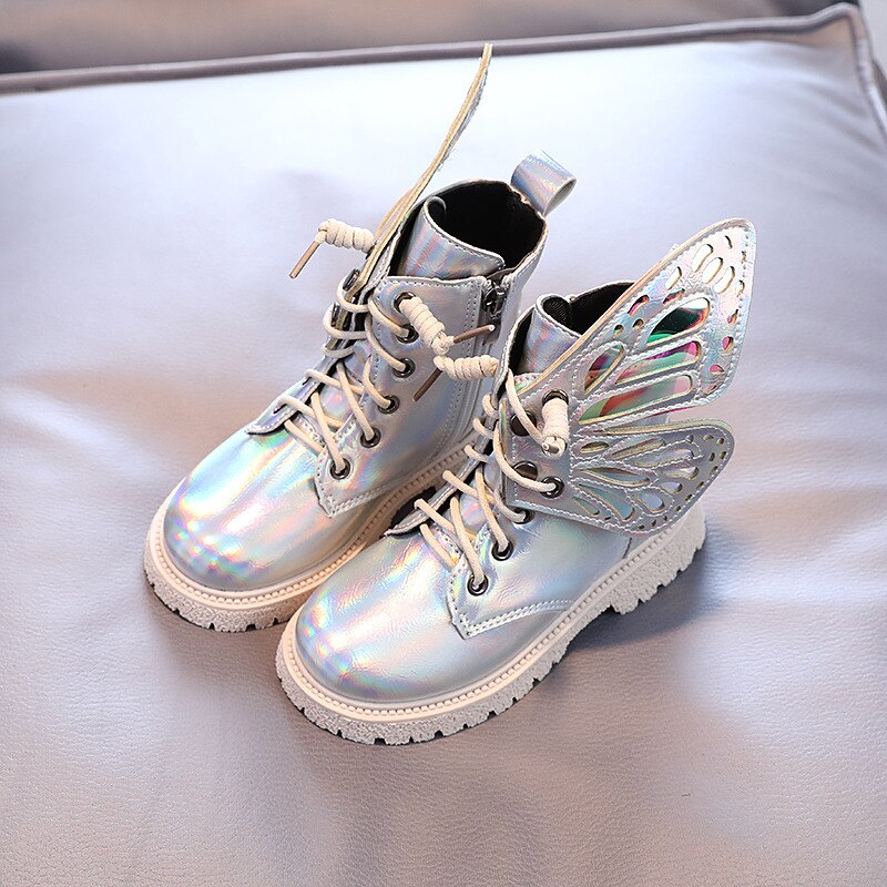 Girls Short Boots Princess Super Shine Butterfly Wings 2022 Winter Big Children Martin Boots Velvet Sweet Kids Boots