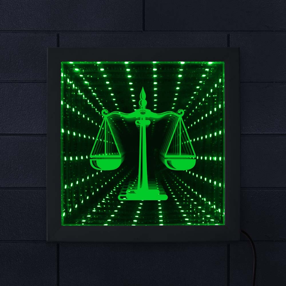 Gesetz Anwalt Skala der Gerechtigkeit 3D Unendlichkeit Spiegel Firma Anwalt Büro Gerichtsgebäude Beleuchtung LED Wirbel Tunnel Interstellare Spiegel