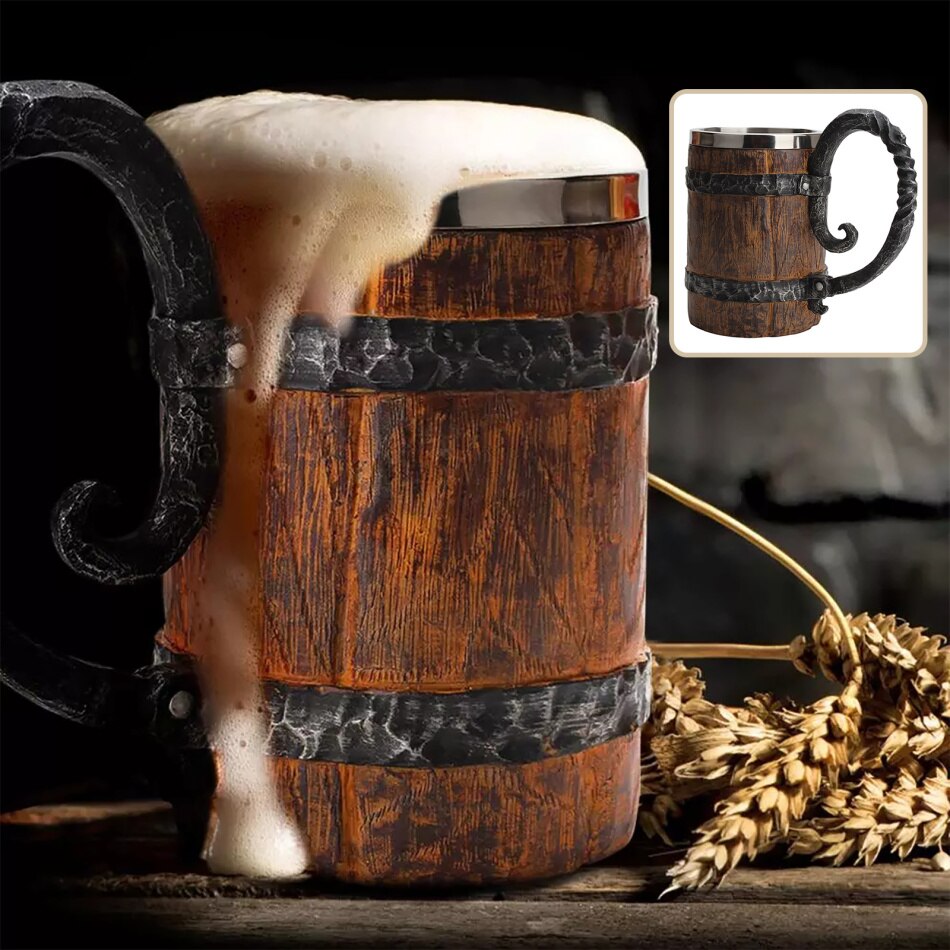 550ml Imitation Wooden barrel Stainless Steel Resin 3D Beer Mug Goblet Game Tankard Coffee Cup Wine Glass Drinking Mugs