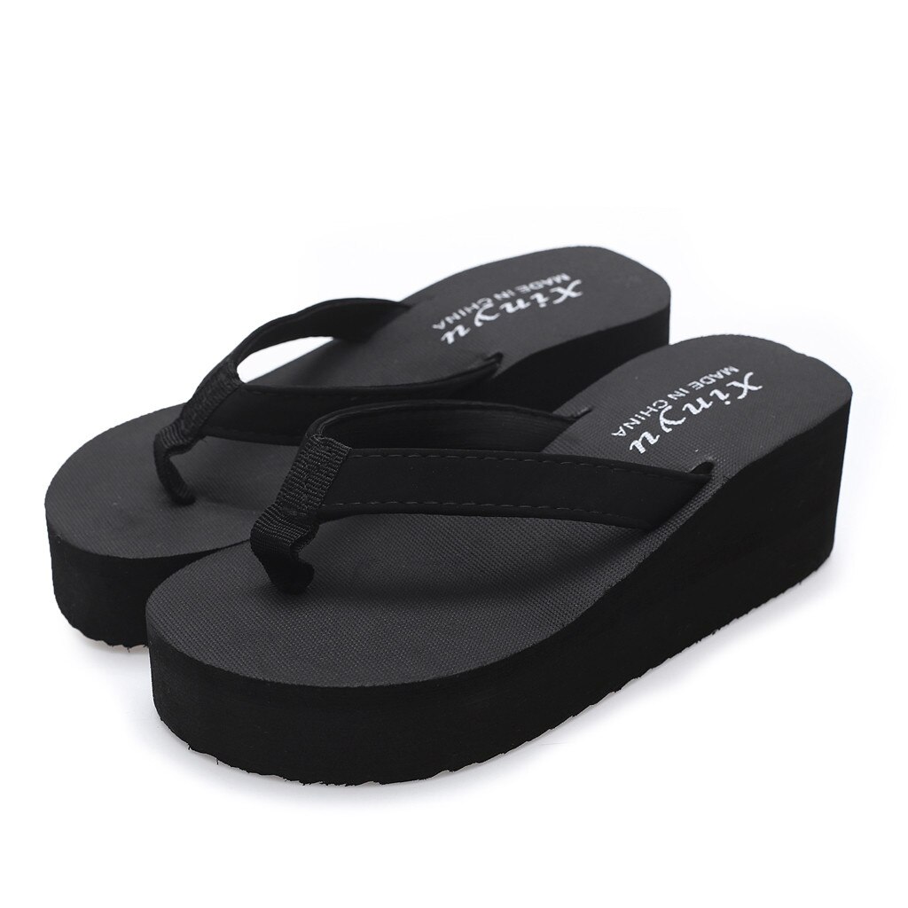 Chaussons pour femmes couleur unie pieds antidérapants tongs talons hauts compensées plage pantoufles décontractées chaussures Femme Calzado Mujer Chinelo: Black / 36