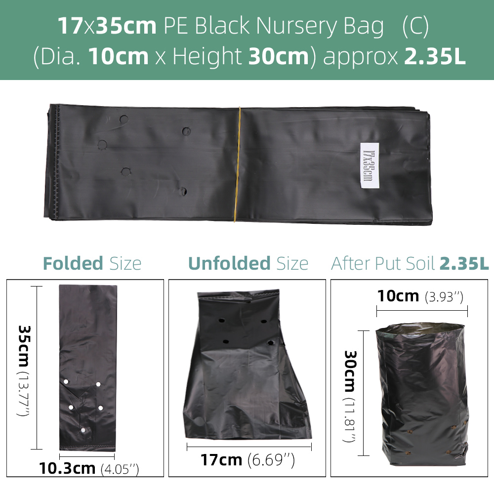 Bolsas gruesas para cultivo de plantas, macetas de plántulas ecológicas para jardín con agujeros transpirables, bolsas de plantación negras, bolsas de vivero de PE, 100 Uds.: Black 17x35cm