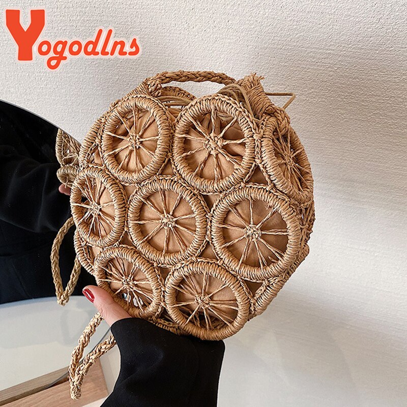 Yogodlns-Bolso de paja con forma de círculo para mujer, tejida a mano bandolera, para vacaciones, playa, bolso de hombro redondo, sa