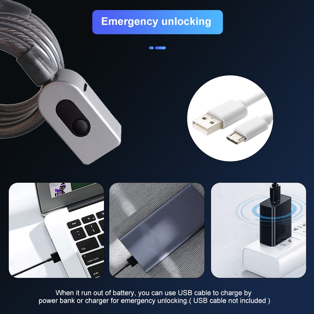 Intelligent Fingerprint Steel Ring Lock Bicycle Anti-theft Lock Highway Vehicle Steel Cable Lock Keyless USB Rechargeable