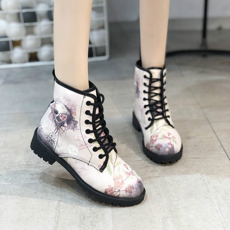 Skeleton Vrouwen Sneeuw Enkellaarsjes Motorcycle Skull Viooltje Lage Hakken Schoenen Vintage Pu Leer Warme Winter Hoge Platform