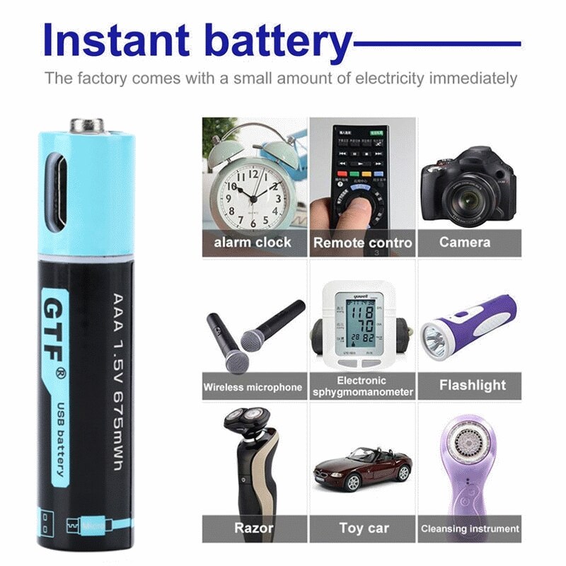 Bateria GTF o dużej pojemności 1.5V AAA 450mAh akumulator na USB 1.5V 675mwh dla zabawki zdalnie sterowane baterii typu AAA-C